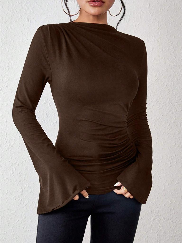 Herbst Winter Neuestes Vielseitiges Rüschenärmel Rundhals Slim Fit Damen T-Shirt