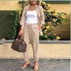 Retro Cropped Linen Harem Pants Set with Belt - Loose Fit, Solid Color