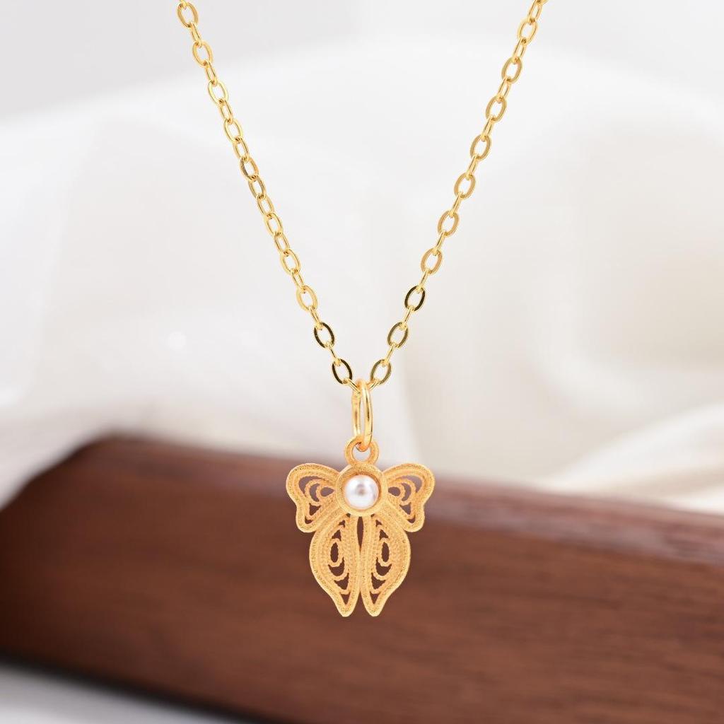 S925 Sterling Silver Chinese Butterfly Fu Necklace with Gem and Pearl Inlay