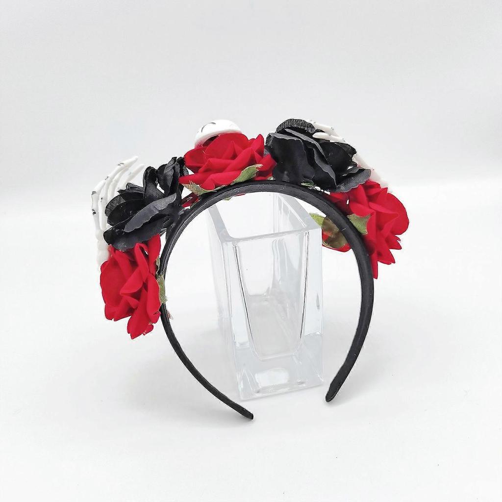 Spooky Skull Headband for Kids Halloween Flower Theme Parties Dark Skeleton Headband with Colorful Rose Garland  Black