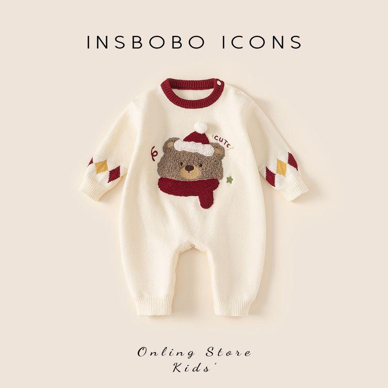Baby New Year Clothes, Baby s New Year Outing Jumpsuit, Infant Winter Red Knitted Sweater, Winter Outfit for Going Out Beige Bear 100