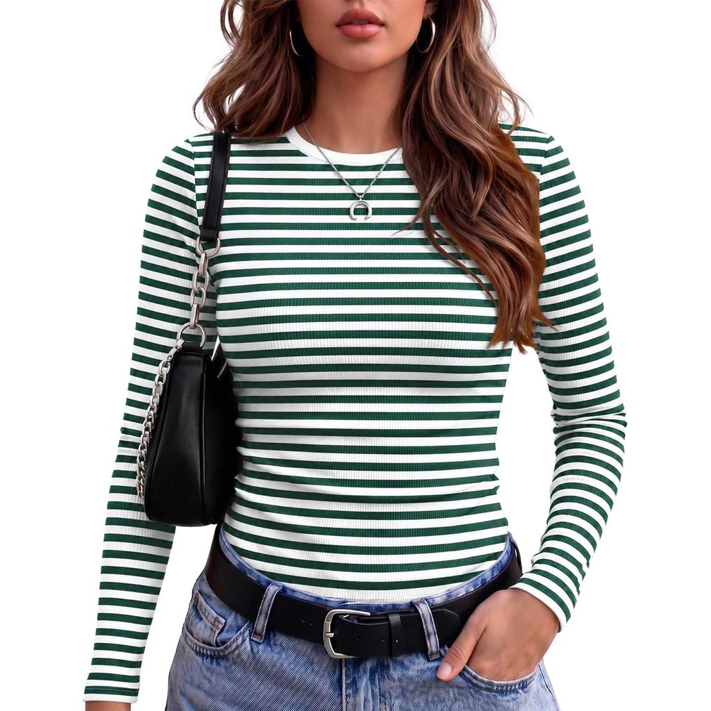 Dames Slim Fit Lange Mouwen Gestreept Nek T-shirt