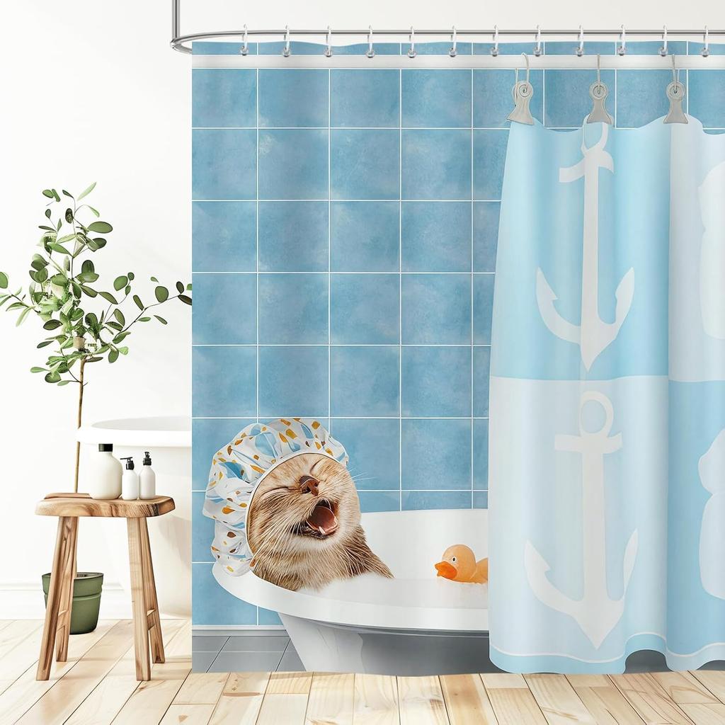 Funny Cat Shower Curtain,Blue Bathing Animal Cute Cartoon Kitten Yellow Rubber Duck Waterproof Polyester Fabric Bath Curtain