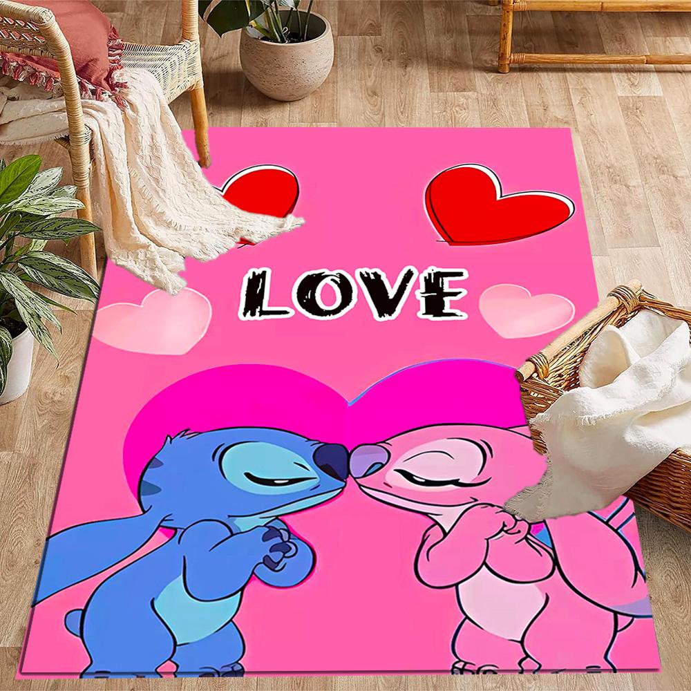 Stitch Adventure In Flowers Disney Cartoon Theme Anti-Slip Rug - Polyester, Home Decor, Suitable for Bedrooms, Living Rooms, Doorways, and Studios