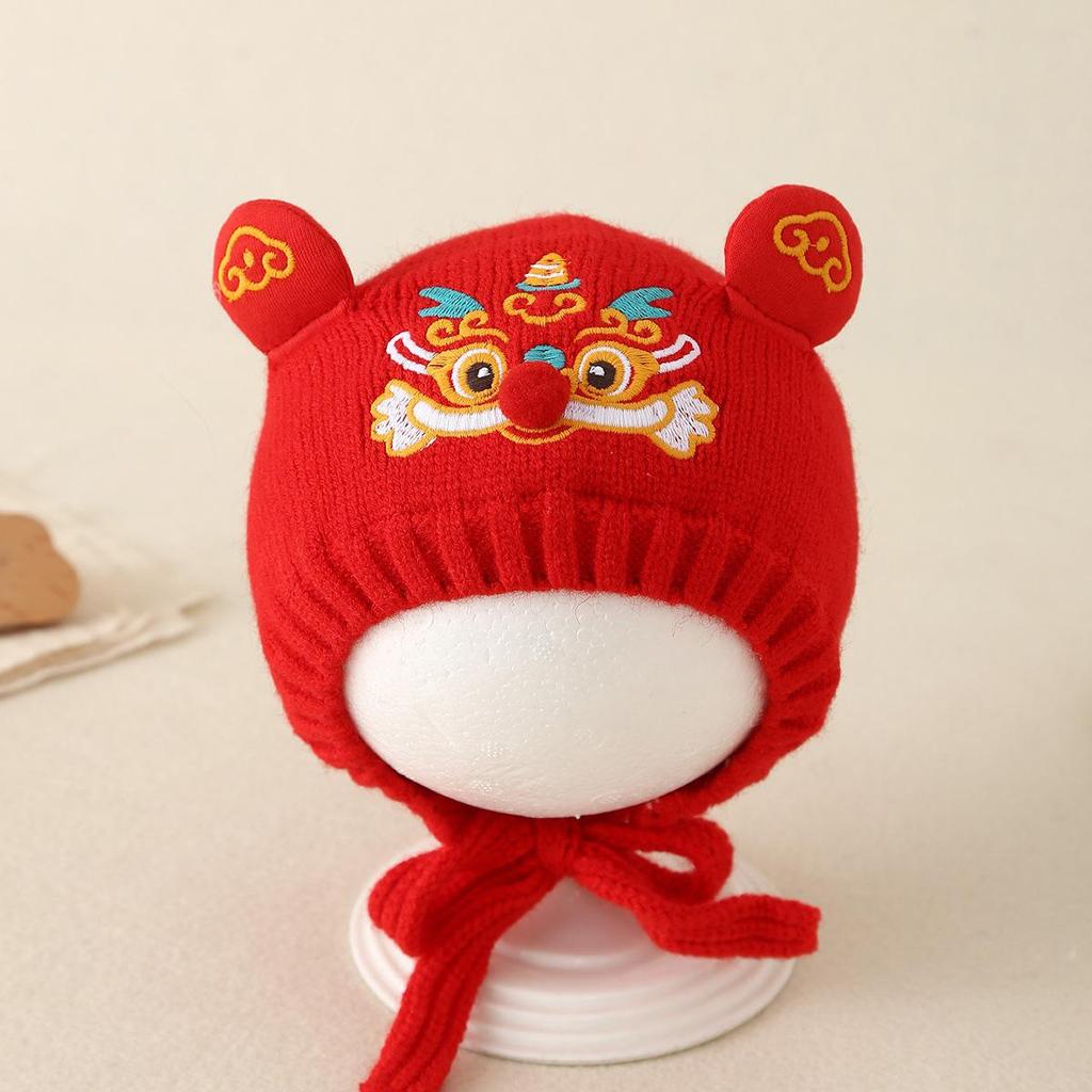 Unisex Baby Red Knitted Wool Hat with Ear Protection - Festive National Tide Style, Warm for Winter & New Year