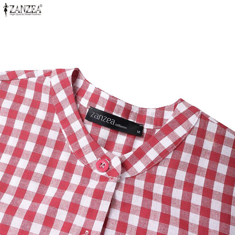 ZANZEA Women Casual Round Neck Long Sleeve Loose Plaid Print Long Dress