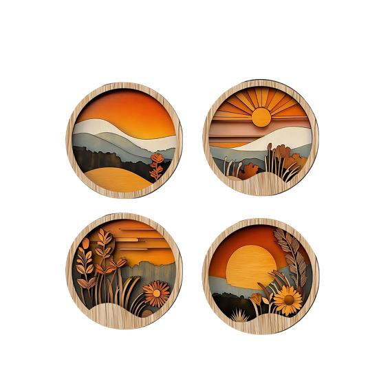 4 Pcs Boho Wall Art Bohemian Sunset Mountain Plant Wall A