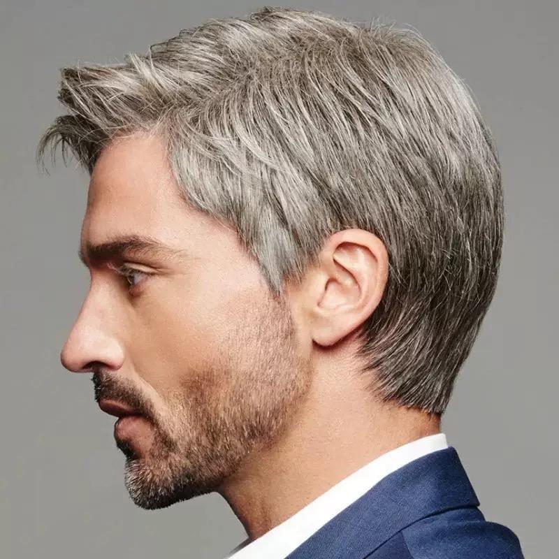 Men's Short Wig, Silver Gray Synthetic Hairpiece for Daily & Formal Wear