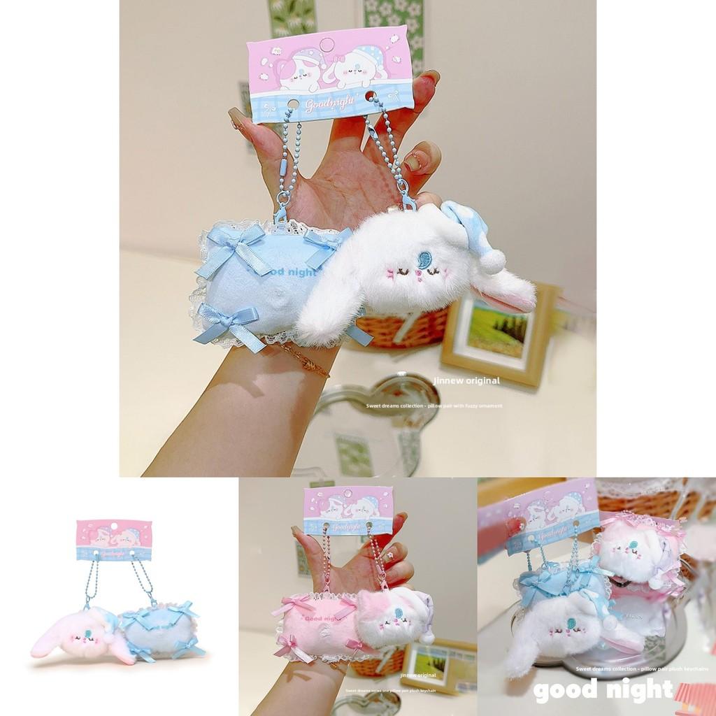 Plush Rabbit And Pillow Keychain With Bow Tie And Nightcap Decor For Cute Bag Accessories