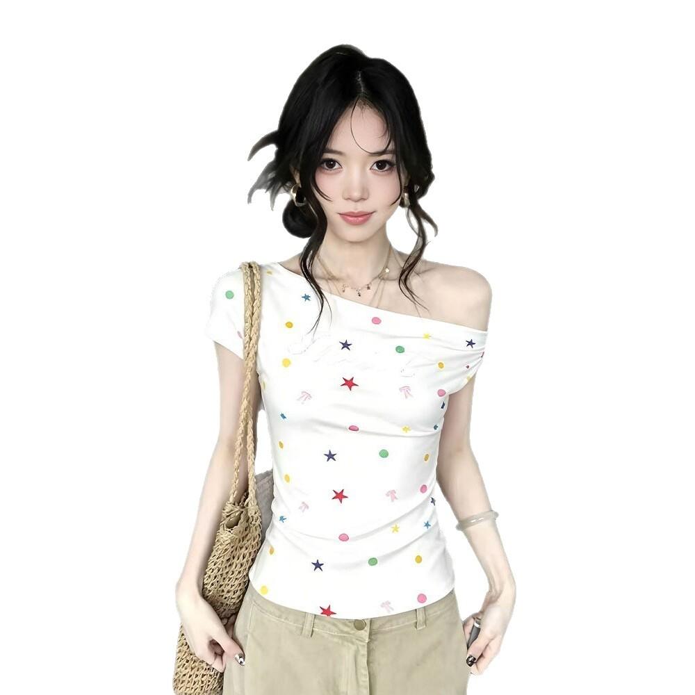 [Grazhi refined cotton] American Spice Girl style full print slanted shoulder short-sleeved T-shirt women's summer slim-fitting chic top