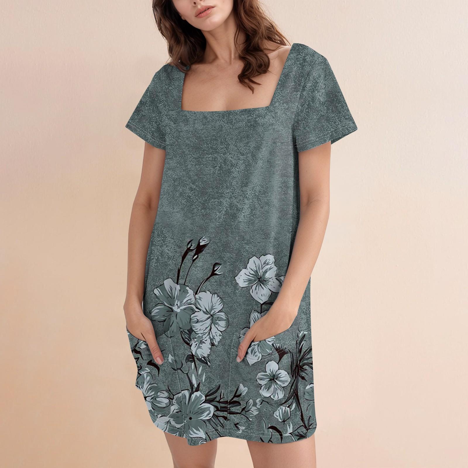 

Женская модная юбка с квадратным воротником и коротким рукавом, повседневное платье с цветочным принтом и карманом L армия зеленый