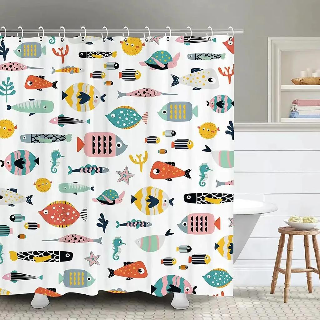 Colorful Cartoons Fish Shark Shower Curtains Ocean Life Children's Bathroom Home Decor Cloth Curtain Set Waterproof Bath Screens