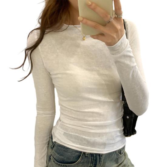 Women T-shirt Round Neck Long Sleeve Slim Fit Solid Color Tops Soft Stretchy Tee Shirt Work Party Casual Wear