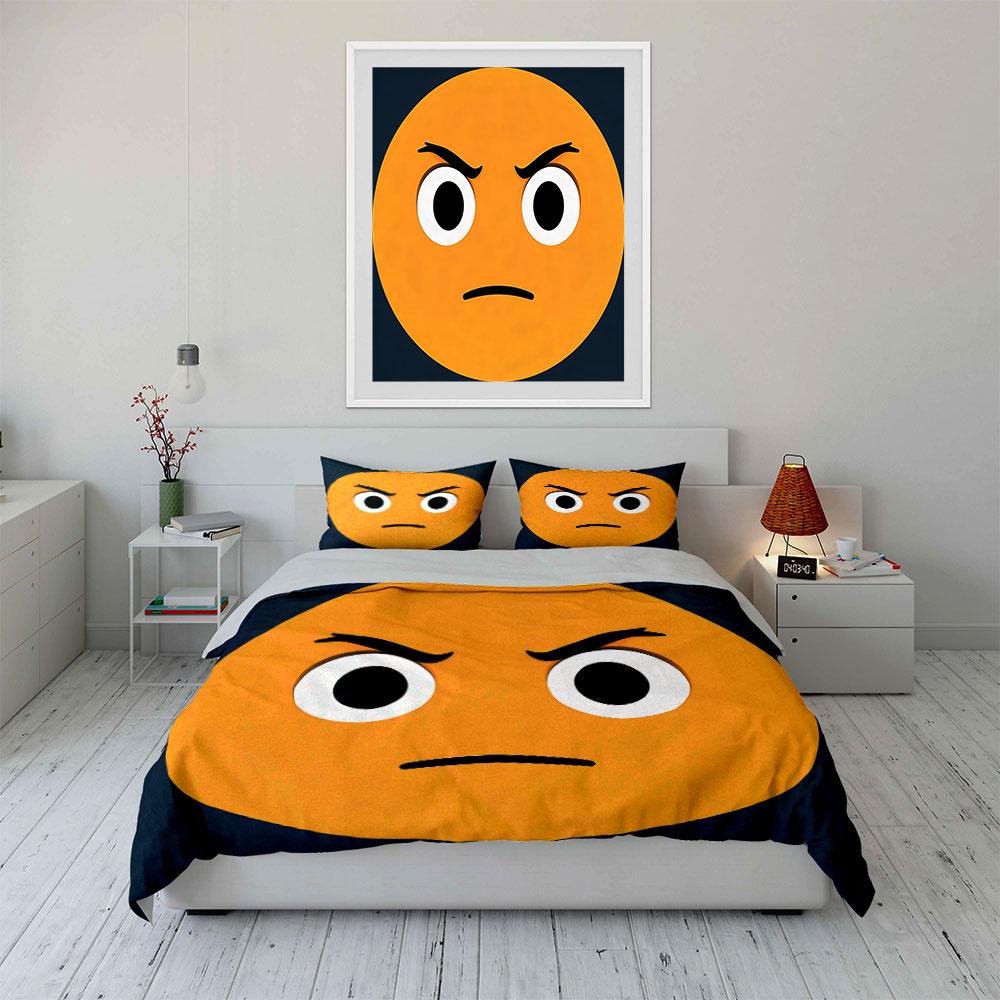 3Pcs Angry Face Emoji Bedding Set, Frowning Yellow Face Print Duvet Cover + 2 Pillowcases, Funny Meme Decor