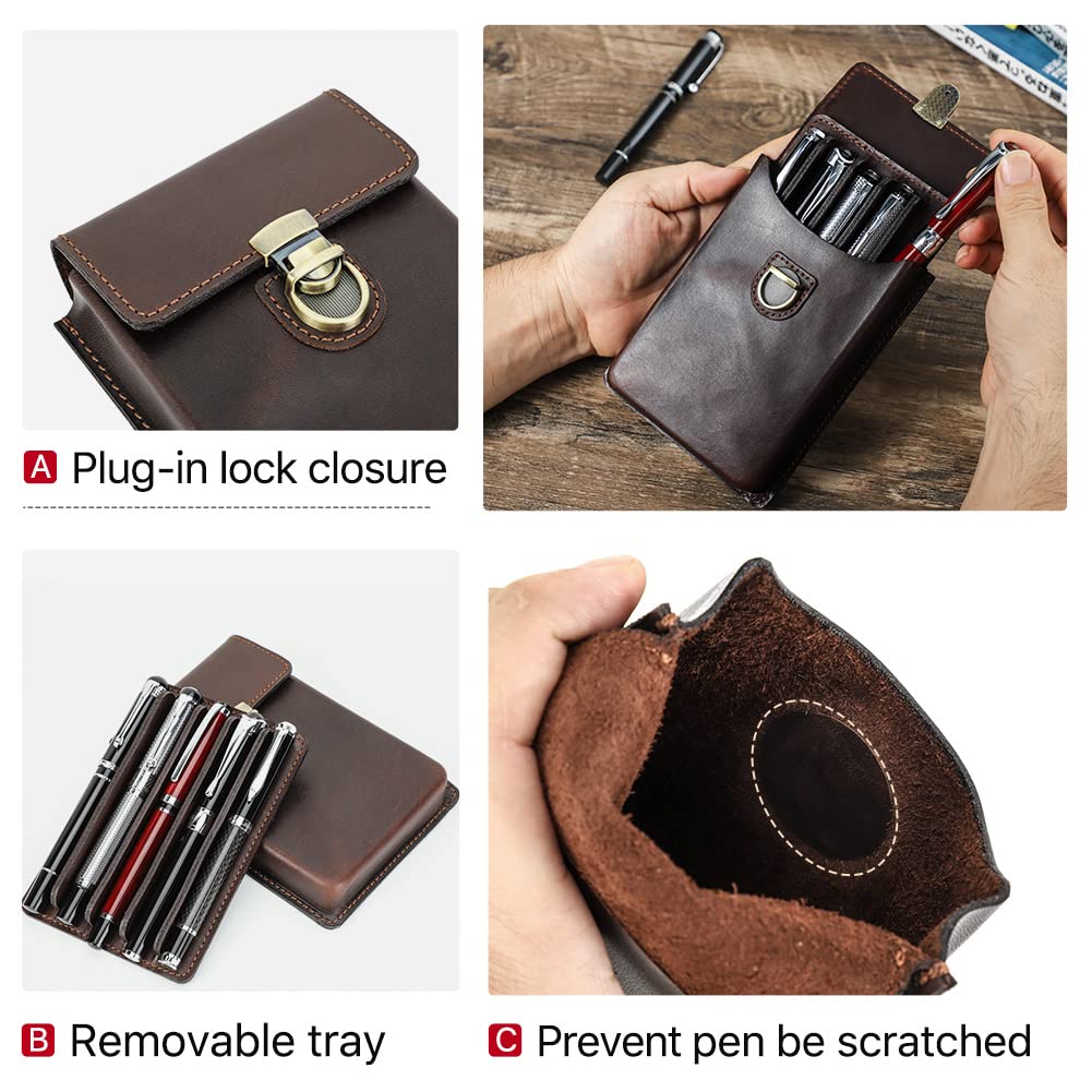 HIRAM Separate Design Pen Case for Fountain Simple Slim Holds 5 Genuine Leather Pens, Design, Pens, (Coffee)