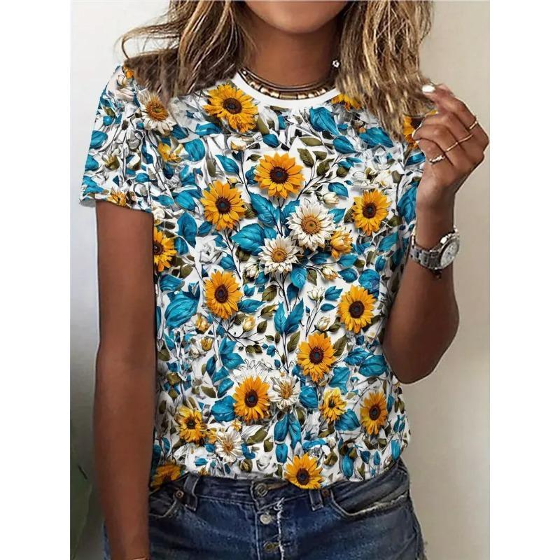 Sommar Dam T-shirt Casual Kortärmad Blommigt Tryck T-shirt Mode Street Lös O-ringad Pullover Kläder Kvinna Överdimensionerad