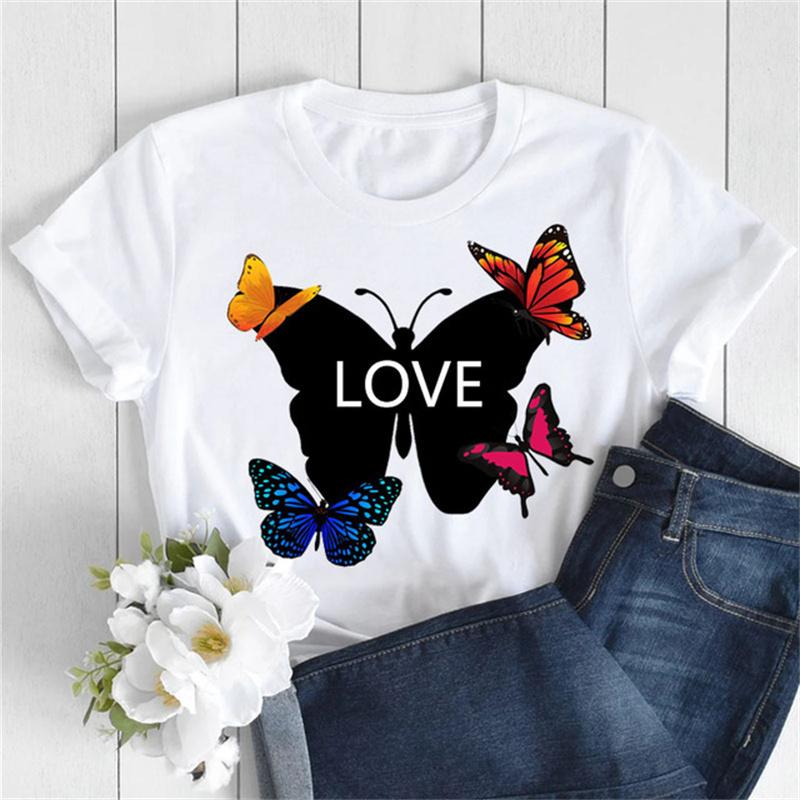 Nové dámské tričko Módní MÁMA Motýl Květinový potisk Tričko Ležérní topy s krátkým rukávem Tričko Dámská trička 90. léta Dámské tričko
