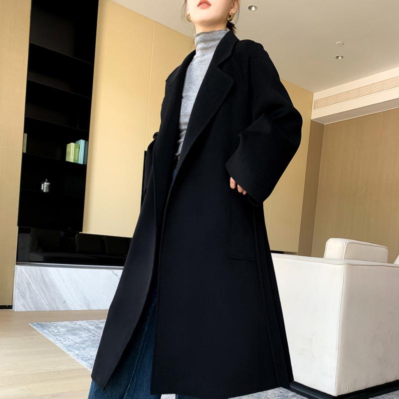 Damenwollmantel doppelseitig mit Bindegürtel: Herbst/Winter, 100% Wolle, Überknielang, Lockere Passform