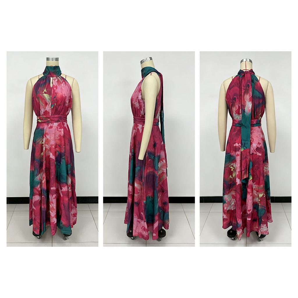 Women Halter Neck Sleeveless Printed Tie Waist Flowy Hem Dress, Casual Fashion Summer Dress for European American Women