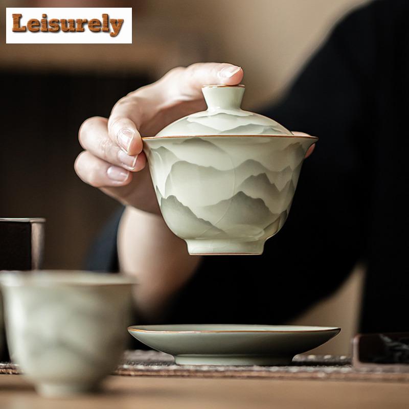 150ML Handmade Ru Kiln Porcelain Gaiwan Mountain Flower Sancai Ceramic Tea Tureen Tea Maker Cover Bowl Tea Items Supplies Gifts