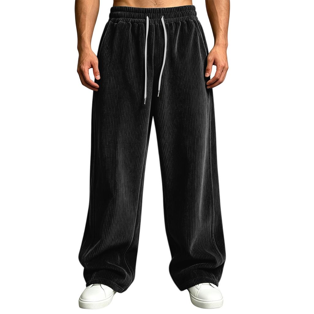 Herren Corduroy Freizeit Hose Hohe Taille Lockerer Schnitt Gerade Weiter Bein mit Taschen