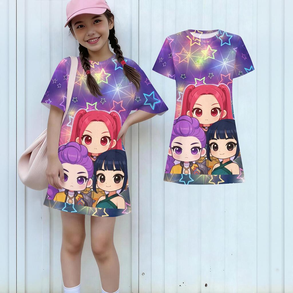 Girls Print Casual Dress Kids Loose Round Neck Short Sleeve Thin Sundress