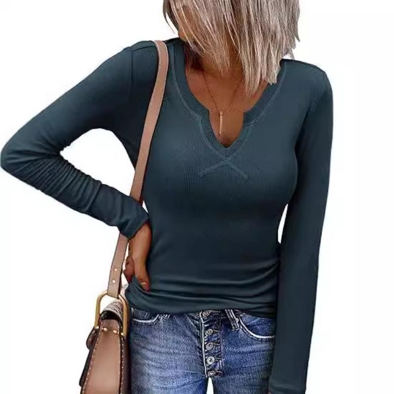 Women's Blouse Pit Stripe Deep U Neck Neckline Cross Long Sleeve Top