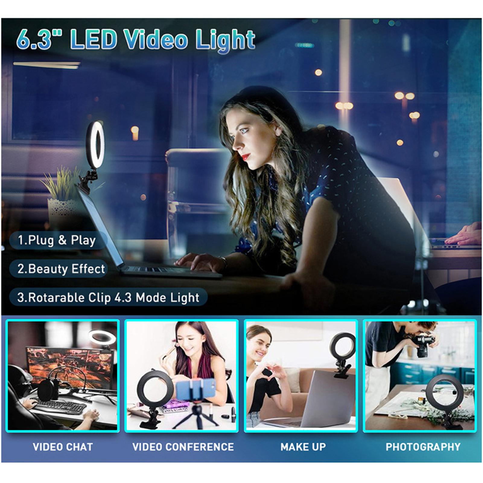 

6inches LEDs Selfie Light with Clamp USB Operated 3 Colors Temperature ChangingCelsius 3 Levels Dimmable Brightness & Illuminating Angl