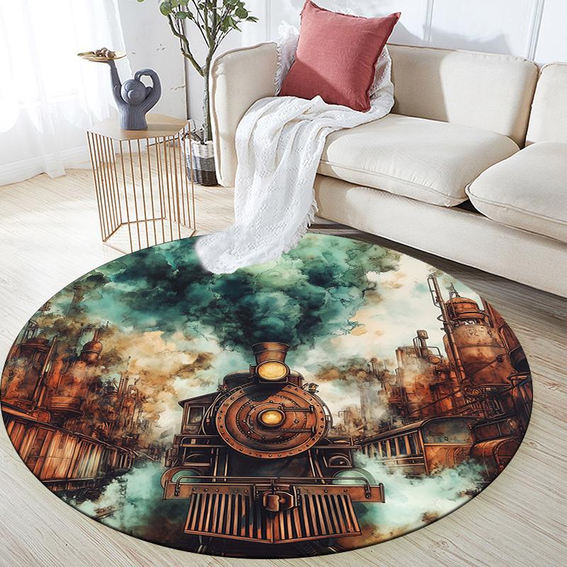 Steam Train,Round Area Rug,Carpet Rug for Living Room Bedroom Sofa Playroom Decor,Non-slip Floor Mat