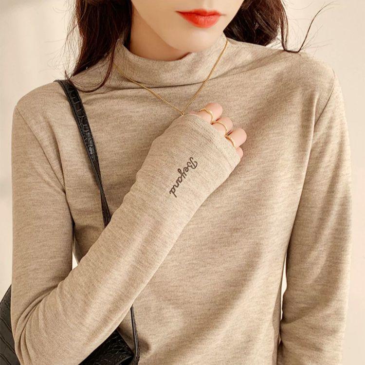 Velvet Semi-High Neck Embroidered Sweatshirt - Korean Style, Autumn/Winter Trendy Long Sleeve Pullover