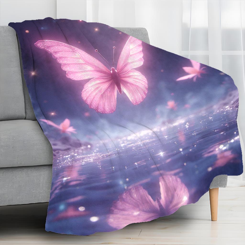 Pink Butterfly Galaxy Blanket Fantasy Art Cosmic Sky Water Reflection Fleece Throw Dreamy Decor Gift For Women Home Bedroom Cozy