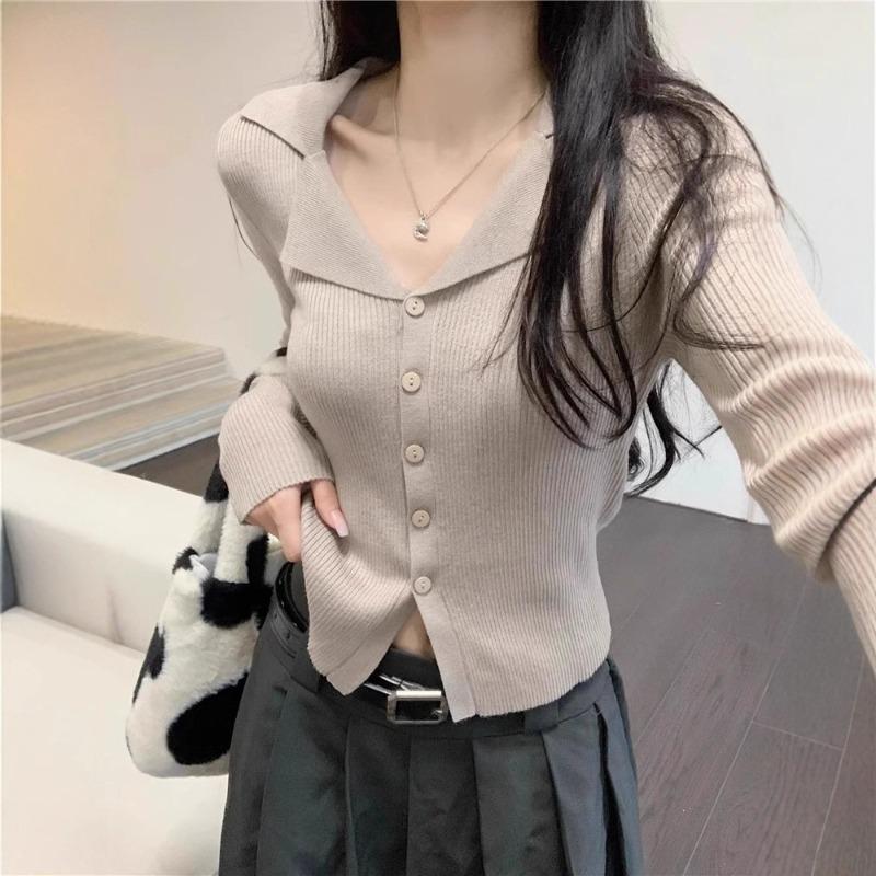 Temperament Slim-fit Plo lapel-neck knitted cardigan women's autumn and winter chic collar sweater bottoming shirt with long-sleeved top inside