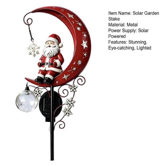 Festive Lawn Ornament 31 Inch Solar-Powered Christmas Garden Stake Light, Santa Claus On A Moon LED Pathway Solar Light with Snowflake Charm,