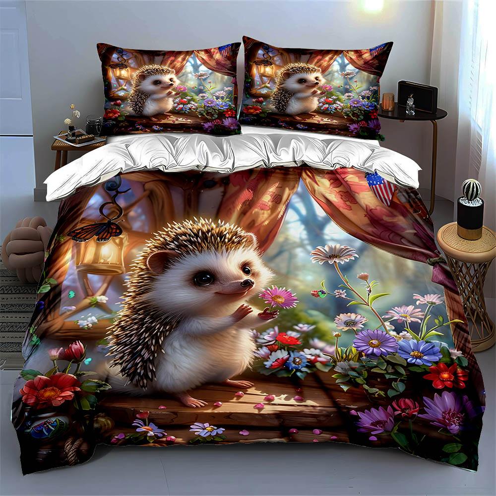 Hedgehog Floral Scene. Bedding Duvet Cover Sets Duvet Covers Pillowcases Gifts (1 * Duvet Cover 2 * Pillowcases, Without Duvet Insert)