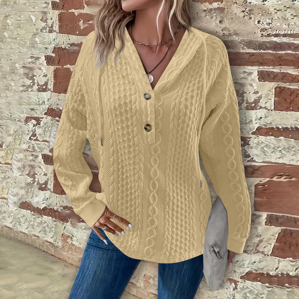 Women's Fashion Long Sleeve Drawstring Hooded Button V-Neck Casual Hooded Sweatshirt Top