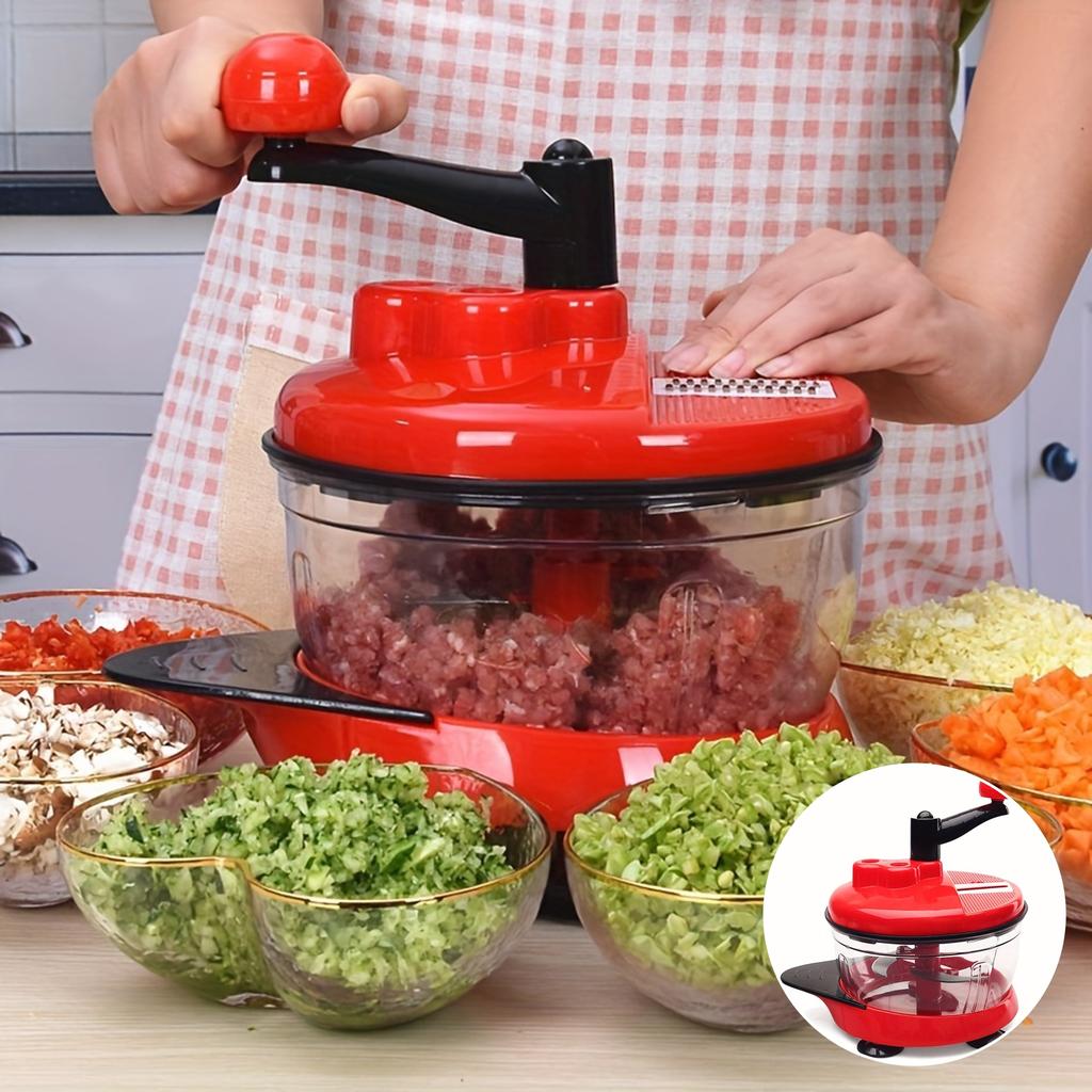 1pc Multi-Functional Manual Food Processor, Hand-powered Crank Chopper, Gralic Crusher, Mincer Blender with Clear Container for Vegetables Meat Fruits