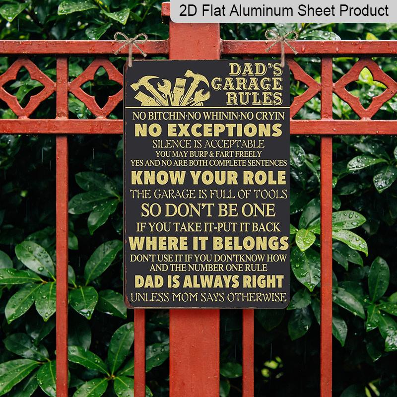 2D Flat, 1pc "Dad's Garage Rules" Aluminium Metal Wall Decor Sign - 8"x12" Funny Gold Tool Garage Decor, Perfect Father's Day Gift & Workshop Wall Art
