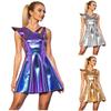 Women Disco Rave Dress Asymmetrical Metallic Shiny One Shoulder Fly Sleeve V Neck Backless A-line Mini Clubwear