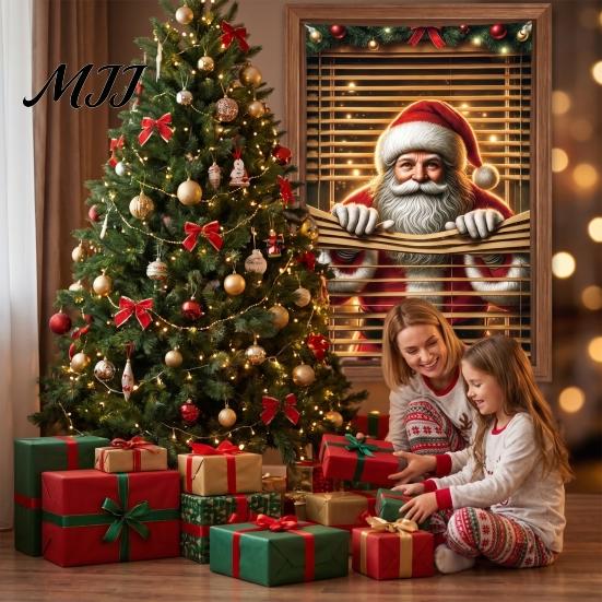 Durable Polyester Window Drapes Christmas Cover Banner with Santa Claus and Elk Patterns, Xmas Blackout Curtains for Peeking Ornament, Wall