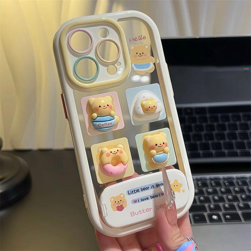 Suitable for IPhone 16 Cute Phone Case Butter Bear Apple 15 Promax Protective Cover 14 Mirror Bracket 13