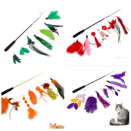 Cat Feather Toy 8PC Replacement Cat Stick With Bell Cat Feather Teaser Wand Pet Kitten Interactive Toy Retractable Fishing Road
