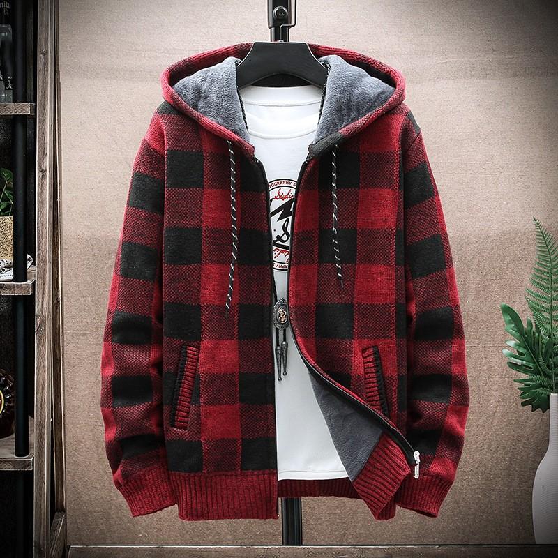 Men's Winter Plaid Hooded Sweater Cardigan Autumn Fleece Zipper Warm Jacket Checkered Knit Jumper