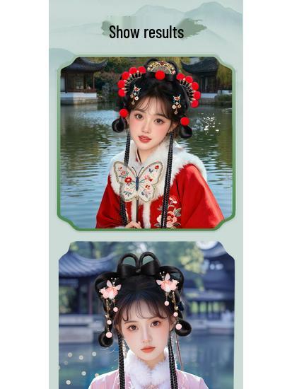 Herbst/Winter Hanfu Perücke und Pompon Stirnband Haaraccessoires Set