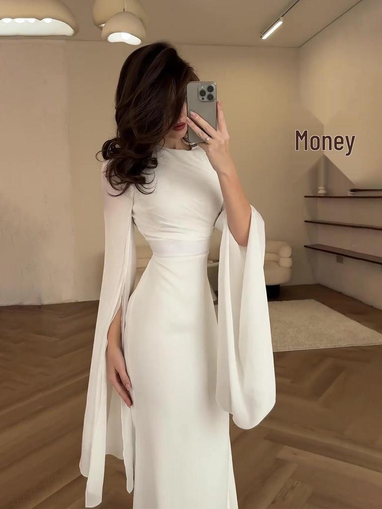 2025 Spring Socialite Slimming Spliced Glass Yarn Long Sleeve Satin Dress