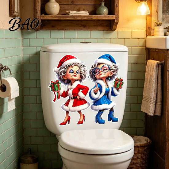 Holiday Bathroom Decorations Christmas Granny Toilet Sticker, Funny Cartoon Mrs. Claus Decal, Waterproof Party Supplies PVC Self Adhesive Decal