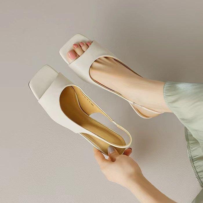 Square Heel Sandals Open-toed Simple Back Empty Temperament Roman Thin French High Heels Women's Summer Spring 2025 New Models
