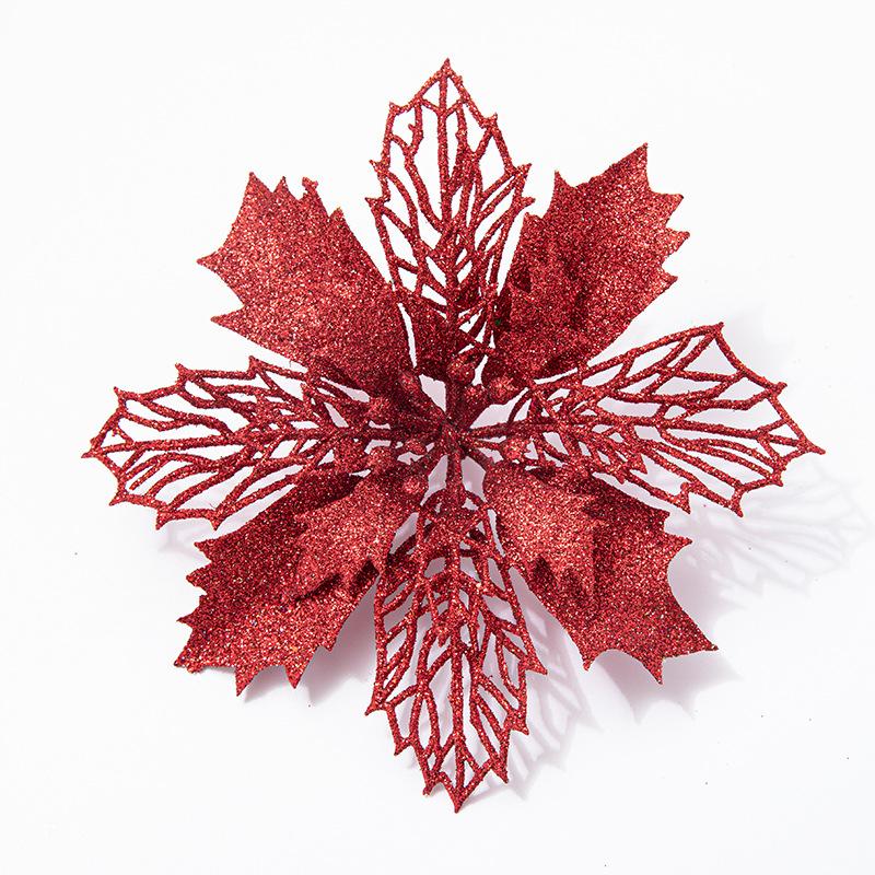 Artificial Glitter Poinsettia 6Pcs Hollow Out Xmas Decor for Christmas Tree Garland Front Door Winter Decor