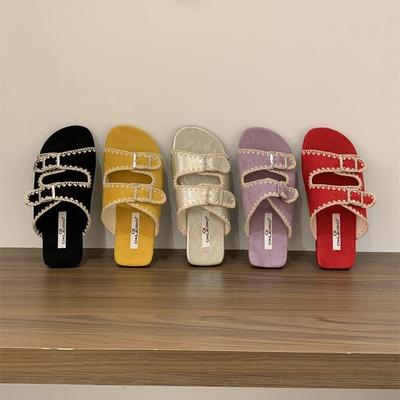 Women's 2025 New Summer Korean Version Belt Buckle Beach Open-toed Flat-bottomed One-word Cool Slippers with Soft Bottom