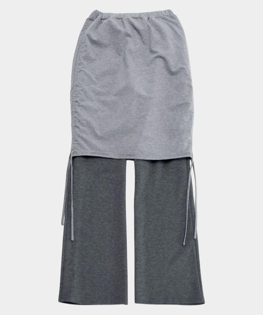 SOME PLACE Striped Color Block Shirred Strap Layered Midi Skirt Wide Pants Set [Charcoal]