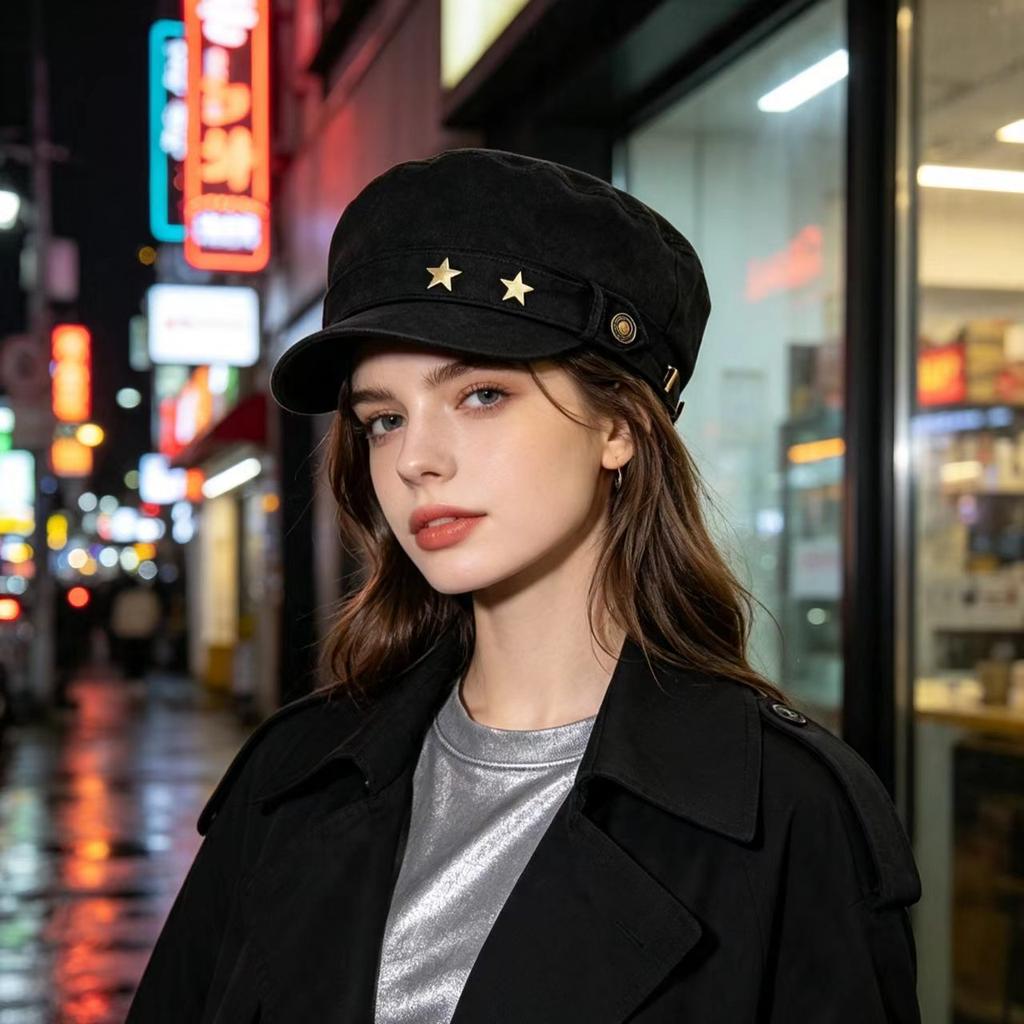 Flat-top equestrian hat for women, small face in autumn and winter, big head circumference, Maillard retro duck tongue beret, new model.